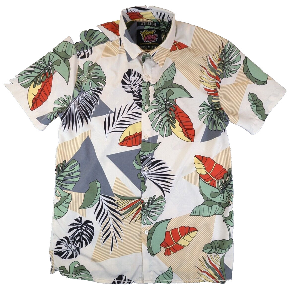 Good Vibes Shirt Mens Small Stretch Button Down All Over Print Tropical Beach